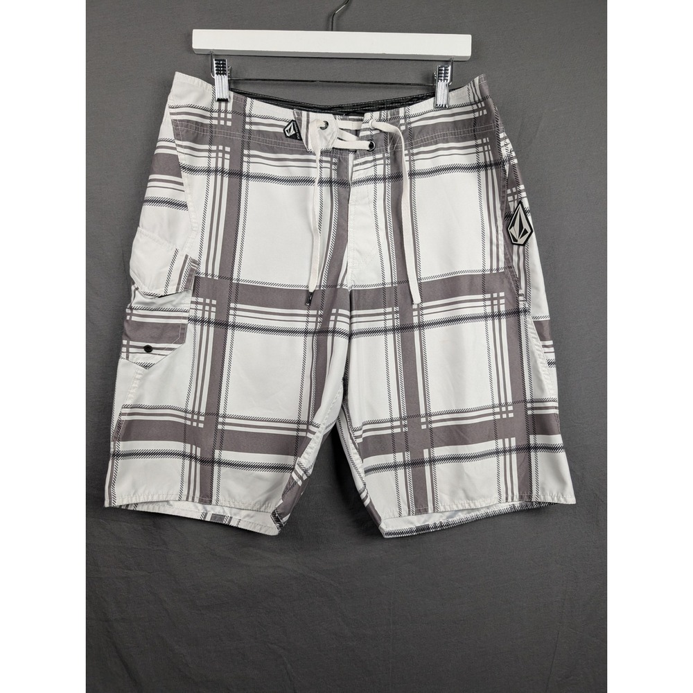 Volcom Mens White Gray‎ Plaid Board Shorts Swim Trunks Size 32